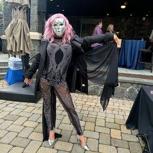 Black and Silver Embellished Jumpsuit with Cape